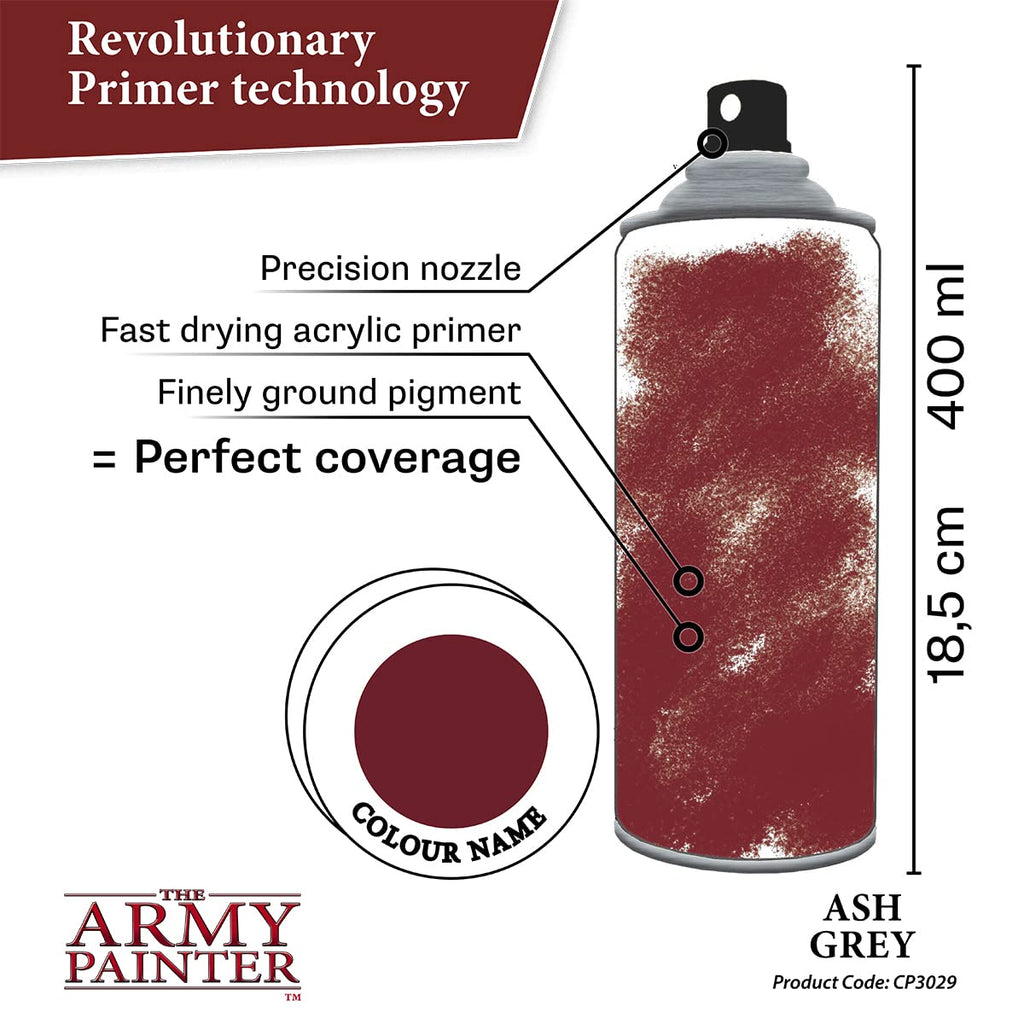 The Army Painter Colour Primer Ash Grey, 400 mL – Fast-Drying Acrylic Basecoat for Miniatures