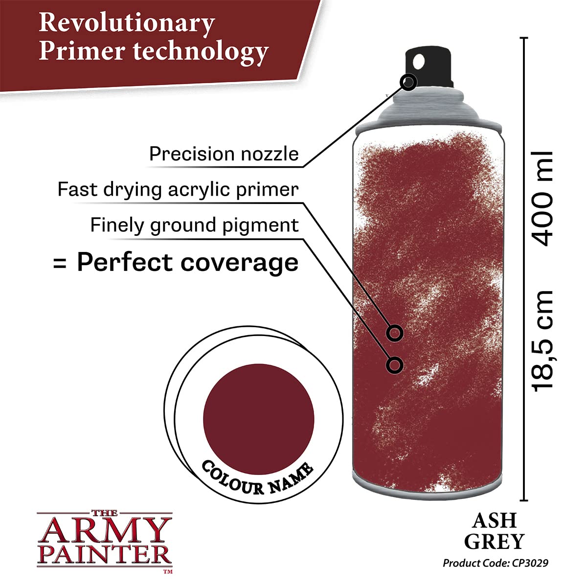 The Army Painter Colour Primer Ash Grey, 400 mL – Fast-Drying Acrylic Basecoat for Miniatures