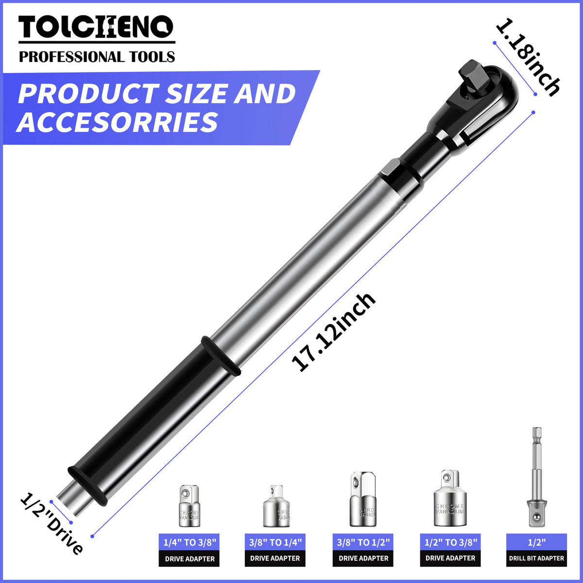 TOLCHENO 1/2” Offset Extension Wrench Impact for Electric Drill – 1/2", 3/8", 1/4" Socket Adapters, 17.12" Length