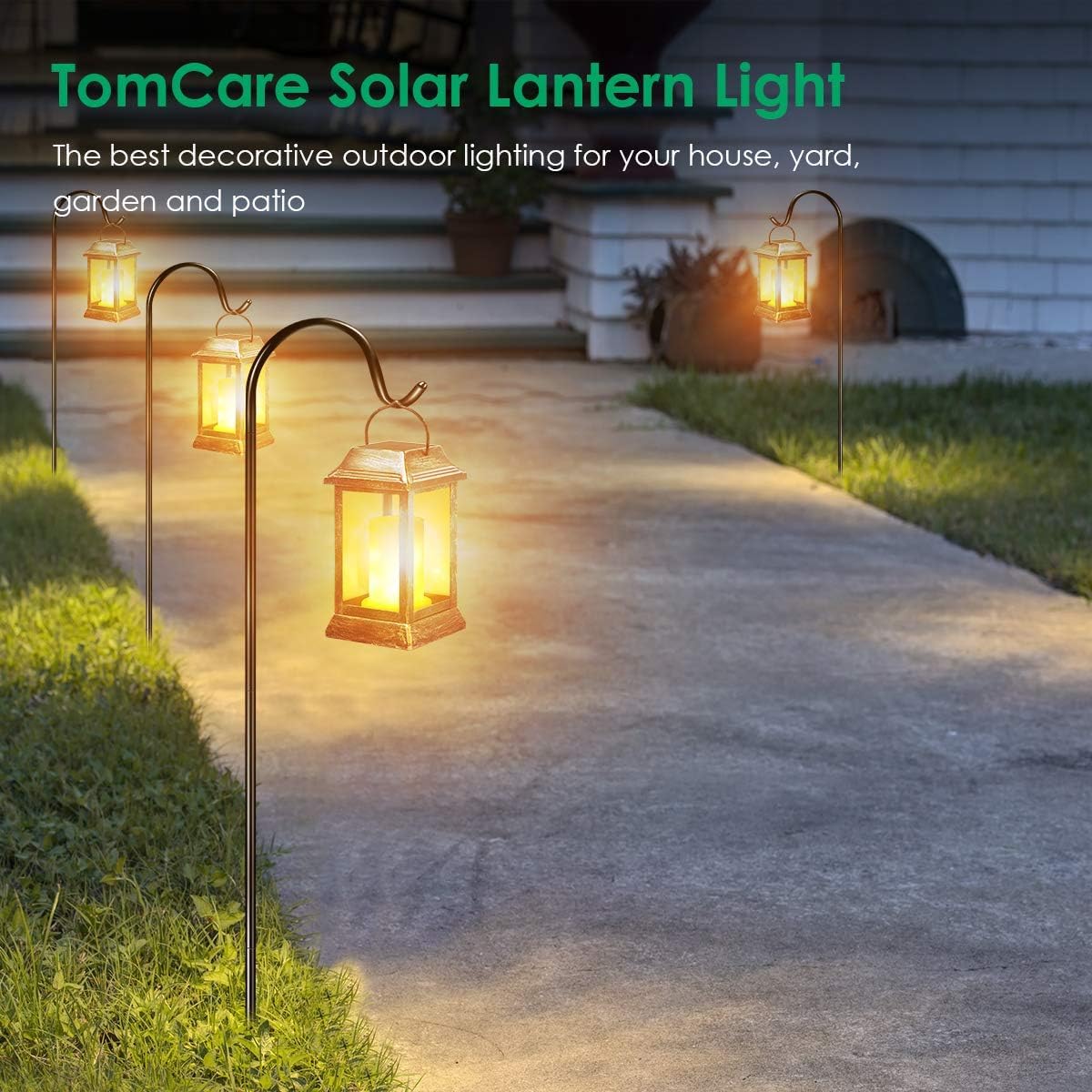 TomCare Solar Lights Flickering Flame Lanterns – 4 Pack Bronze Outdoor Hanging Lanterns