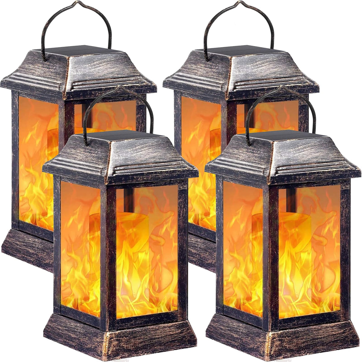 TomCare Solar Lights Flickering Flame Lanterns – 4 Pack Bronze Outdoor Hanging Lanterns