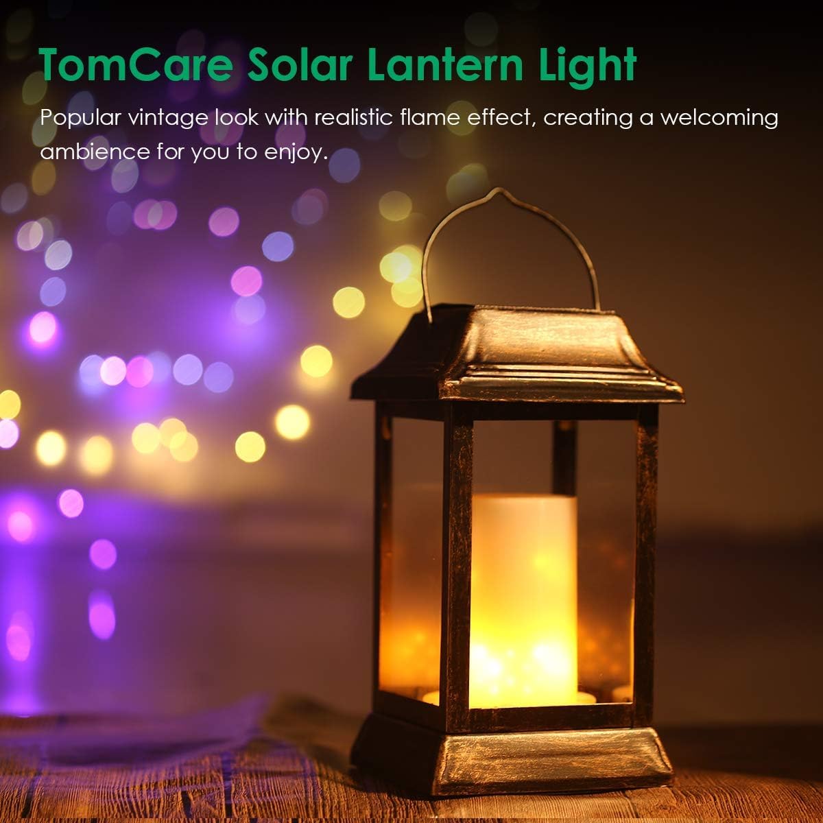 TomCare Solar Lights Flickering Flame Lanterns – 4 Pack Bronze Outdoor Hanging Lanterns