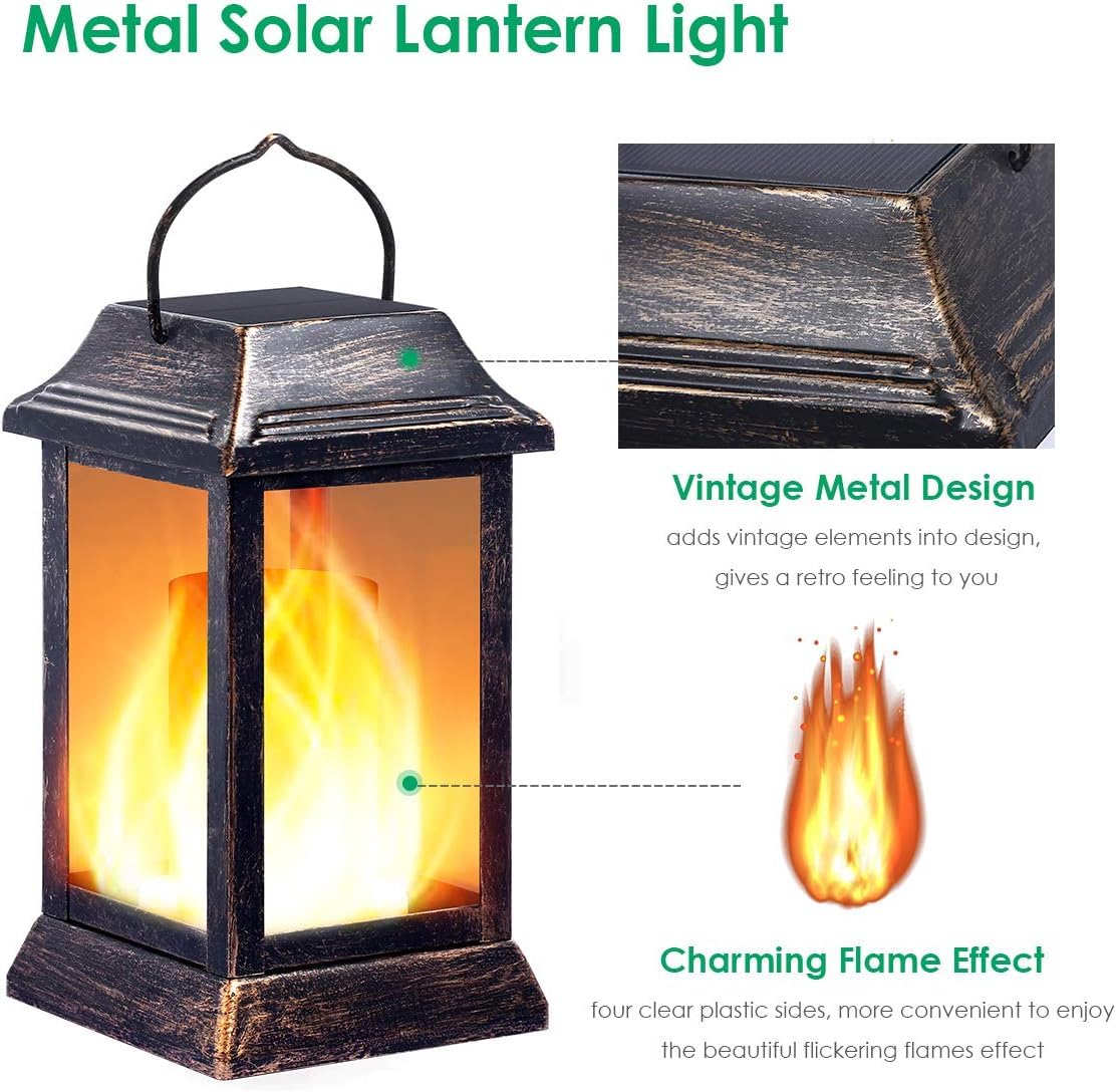TomCare Solar Lights Flickering Flame Lanterns – 4 Pack Bronze Outdoor Hanging Lanterns