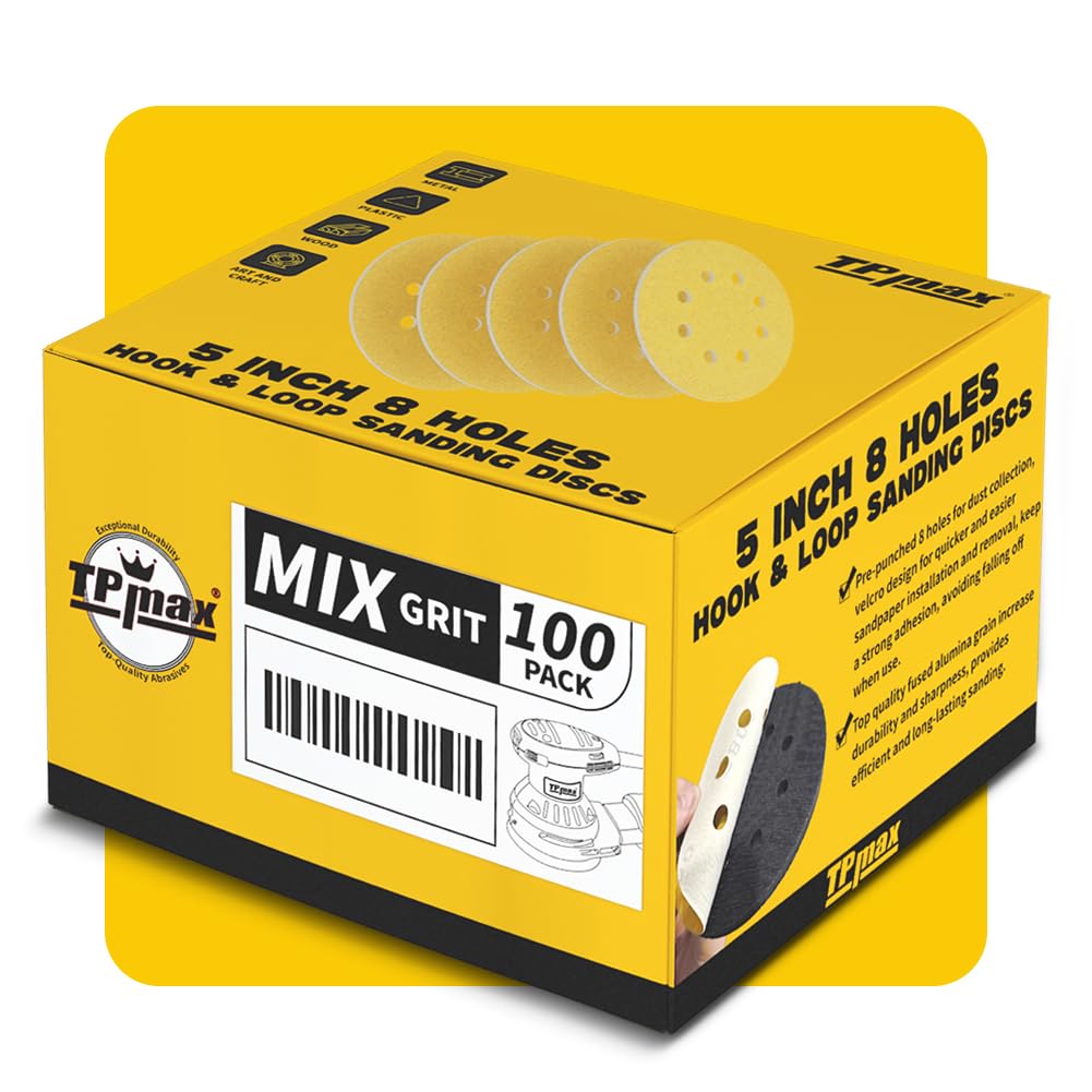 TPmax 100pcs 5in Sanding Discs Mixed Grits (60-320) | 8-Hole Hook & Loop for 125mm Orbital Sander