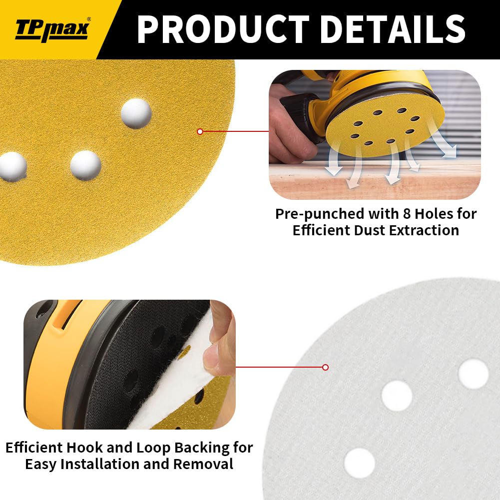 TPmax 100pcs 5in Sanding Discs Mixed Grits (60-320) | 8-Hole Hook & Loop for 125mm Orbital Sander