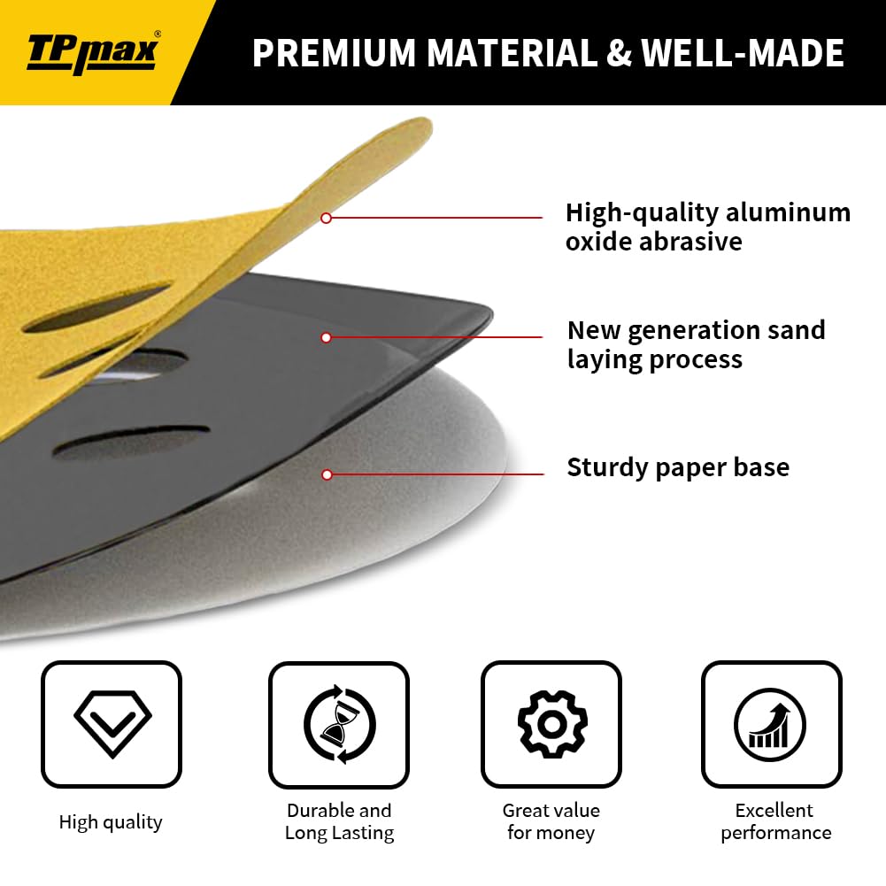 TPmax 100pcs 5in Sanding Discs Mixed Grits (60-320) | 8-Hole Hook & Loop for 125mm Orbital Sander