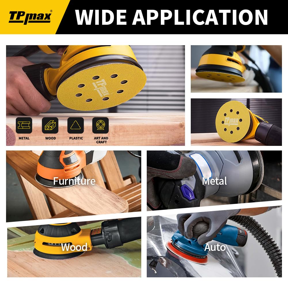 TPmax 100pcs 5in Sanding Discs Mixed Grits (60-320) | 8-Hole Hook & Loop for 125mm Orbital Sander