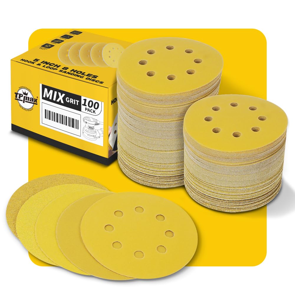 TPmax 100pcs 5in Sanding Discs Mixed Grits (60-320) | 8-Hole Hook & Loop for 125mm Orbital Sander