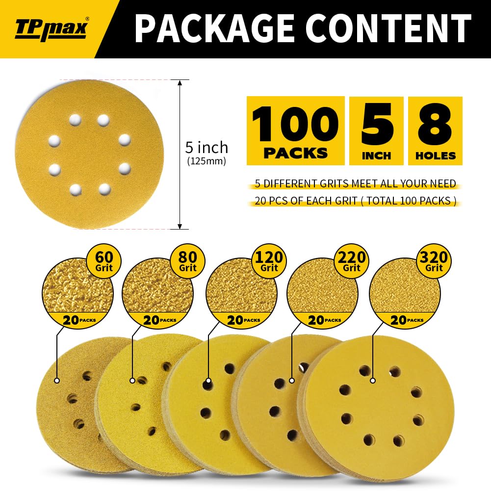 TPmax 100pcs 5in Sanding Discs Mixed Grits (60-320) | 8-Hole Hook & Loop for 125mm Orbital Sander