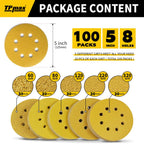 TPmax 100pcs 5in Sanding Discs Mixed Grits (60-320) | 8-Hole Hook & Loop for 125mm Orbital Sander