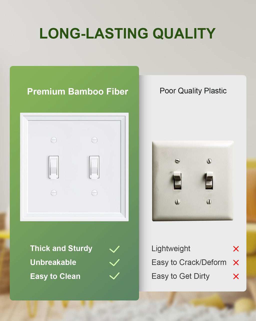 TREEWELL 2-Pack Double Toggle Light Switch Cover Plate – White, Bamboo Fiber, 2-Gang