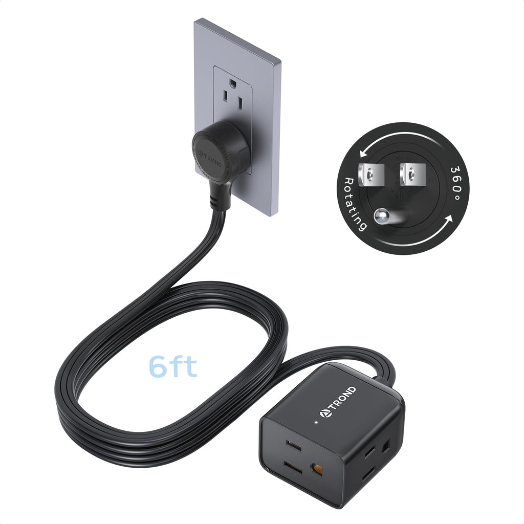 TROND 360° Rotating Flat Plug Extension Cord – 6ft, 3-Sided Grounded Outlets, 13A