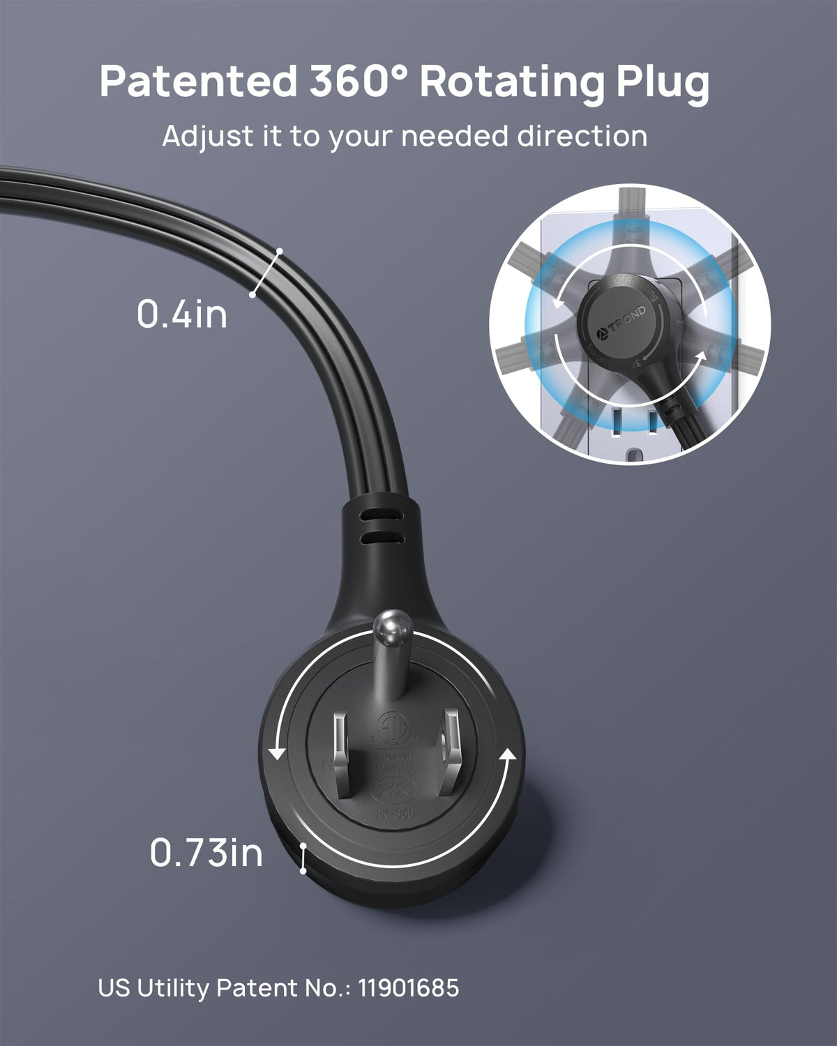TROND 360° Rotating Flat Plug Extension Cord – 6ft, 3-Sided Grounded Outlets, 13A