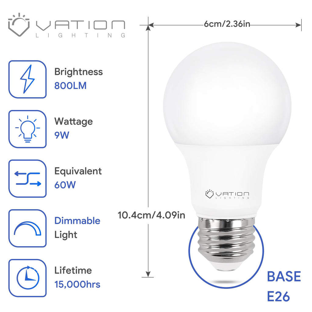 VATION LIGHTING Dimmable A19 LED Bulbs 3000K Warm White, 12 Pack – 9W, 800 Lumens, E26 Base