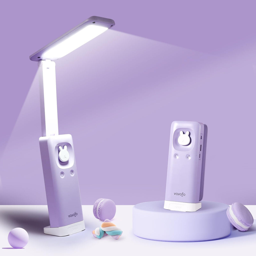 VAVOFO Cute Bunny Desk Lamp – Foldable LED Rechargeable Table Light, 3 Color Modes, Dimmable, Eye-Caring for Kids (Purple)