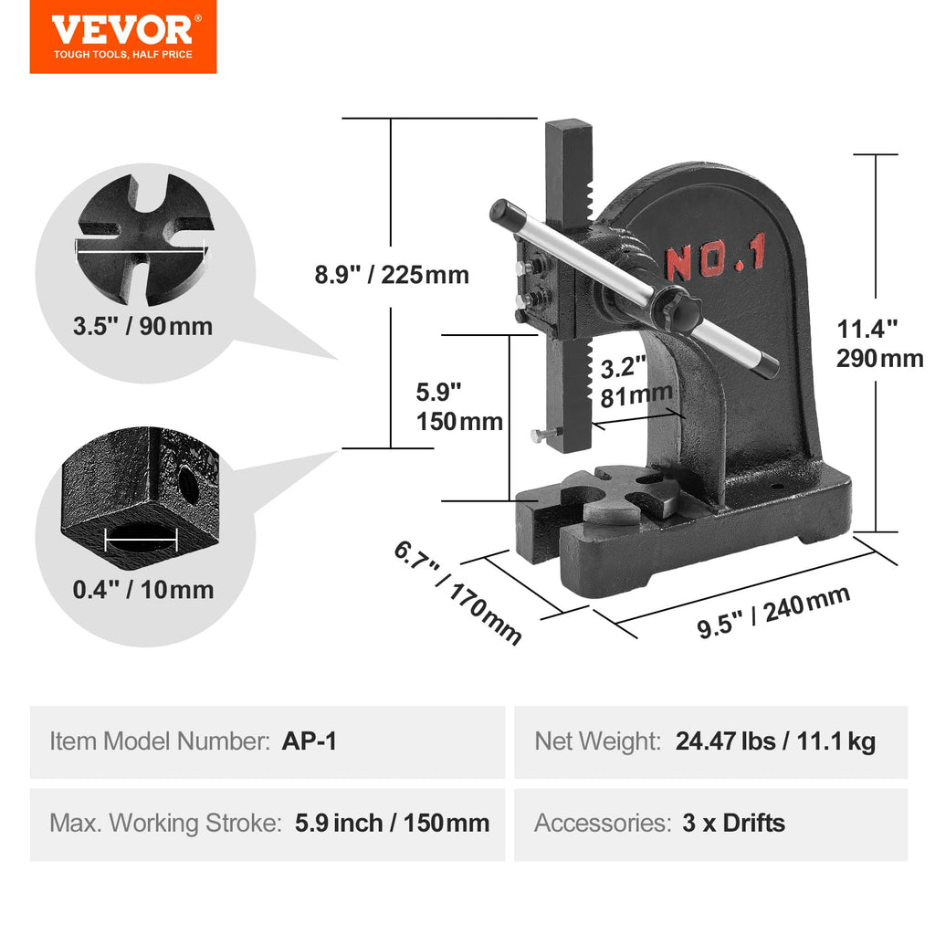 VEVOR Arbor Press AP-1 Ton — 1-Ton Manual Precision Press for Stamping