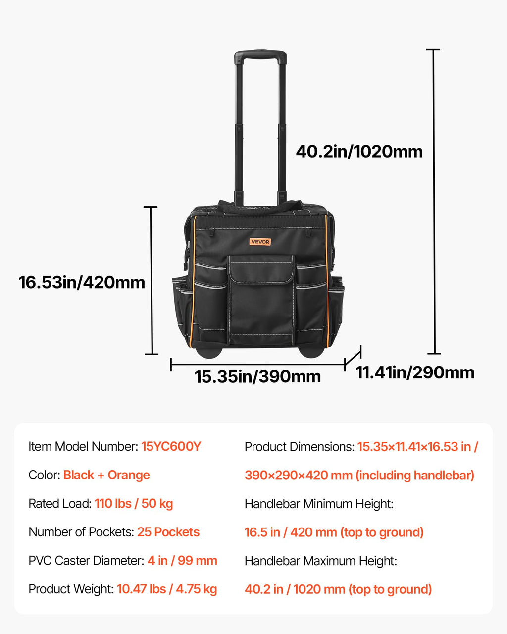 VEVOR 15-Inch Rolling Tool Bag on Wheels — 110 Lbs Capacity, 25 Pockets