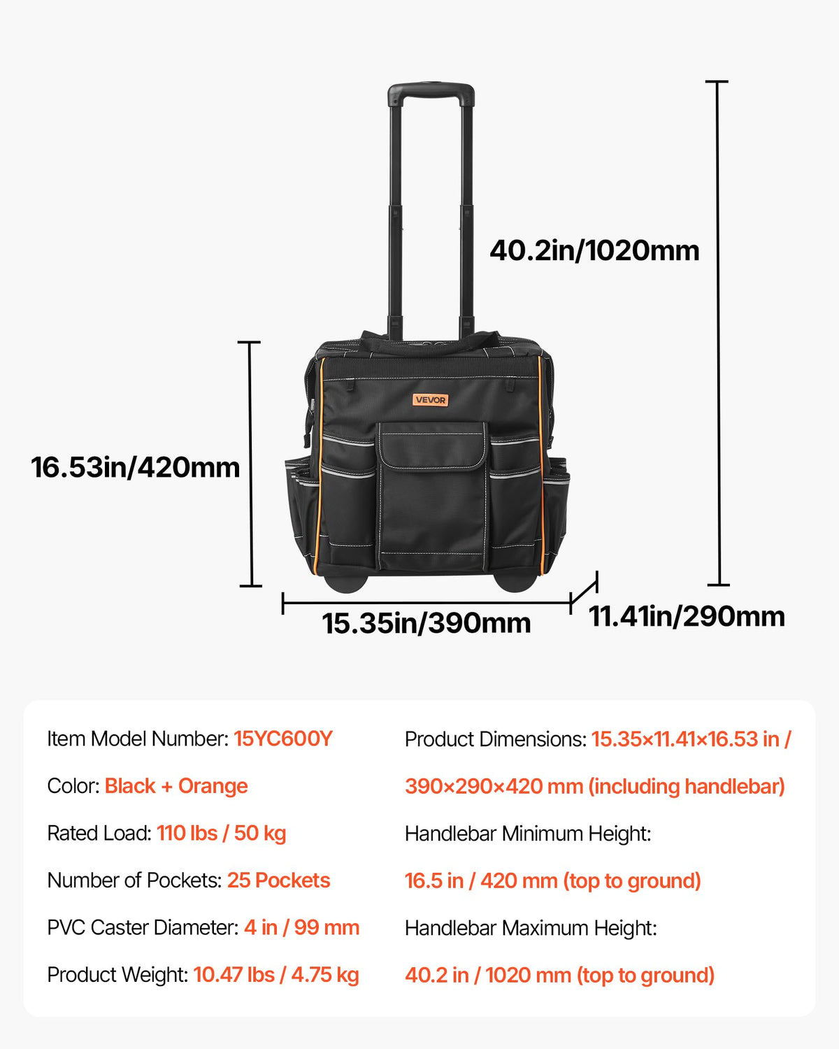 VEVOR 15-Inch Rolling Tool Bag on Wheels — 110 Lbs Capacity, 25 Pockets