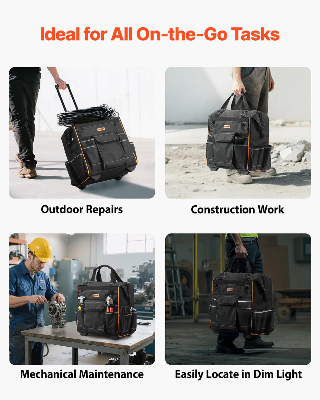 VEVOR 15-Inch Rolling Tool Bag on Wheels — 110 Lbs Capacity, 25 Pockets