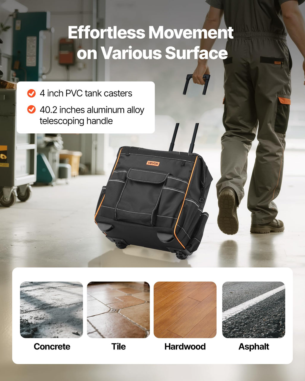 VEVOR 15-Inch Rolling Tool Bag on Wheels — 110 Lbs Capacity, 25 Pockets