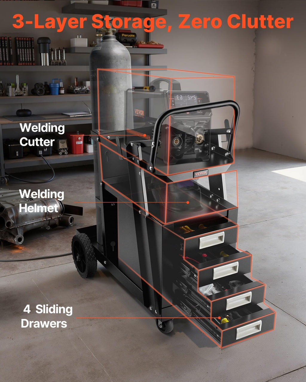 VEVOR Welding Cart – 2-Tier, 4 Drawers, 265 LBS Capacity, 360° Wheels, Tank Chains