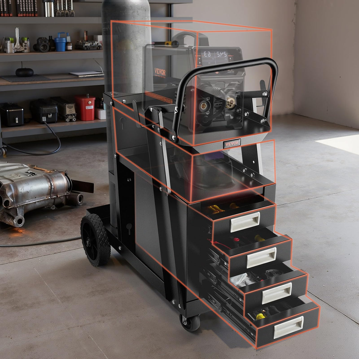 VEVOR Welding Cart – 2-Tier, 4 Drawers, 265 LBS Capacity, 360° Wheels, Tank Chains