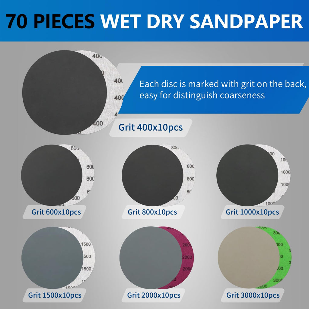 VIBRATITE 70-Piece 5in Wet/Dry Sanding Discs — 400–3000 Grits, Hook & Loop, for Wood & Automotive