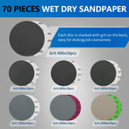VIBRATITE 70-Piece 5in Wet/Dry Sanding Discs — 400–3000 Grits, Hook & Loop, for Wood & Automotive
