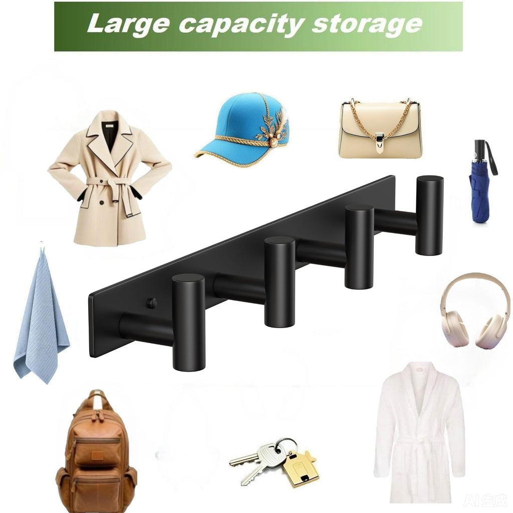 VINHOLD Wall Mounted Coat Rack – 4 Hooks, Heavy-Duty Stainless Steel, Black