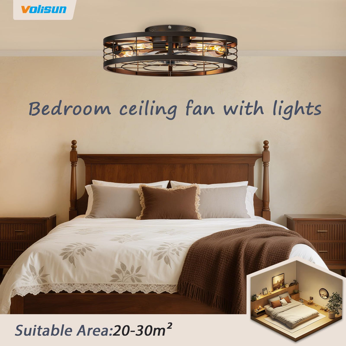 VOLISUN Caged Ceiling Fan with Light and Remote – 23.6-Inch Fandelier