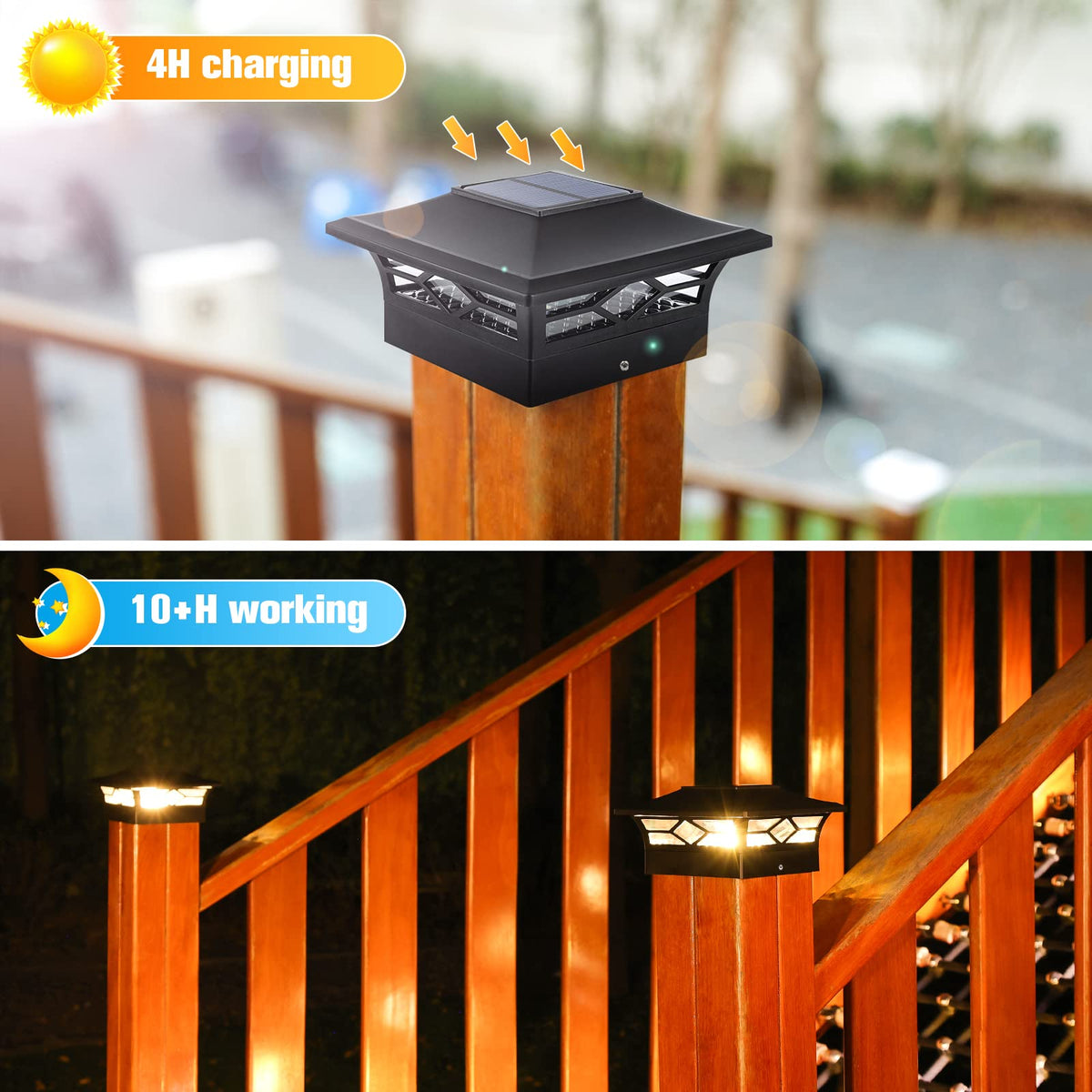 VOLISUN Solar Post Cap Lights – 12-Pack for 4x4/6x6 Posts | Black, IP44 Waterproof, 2 Color Modes