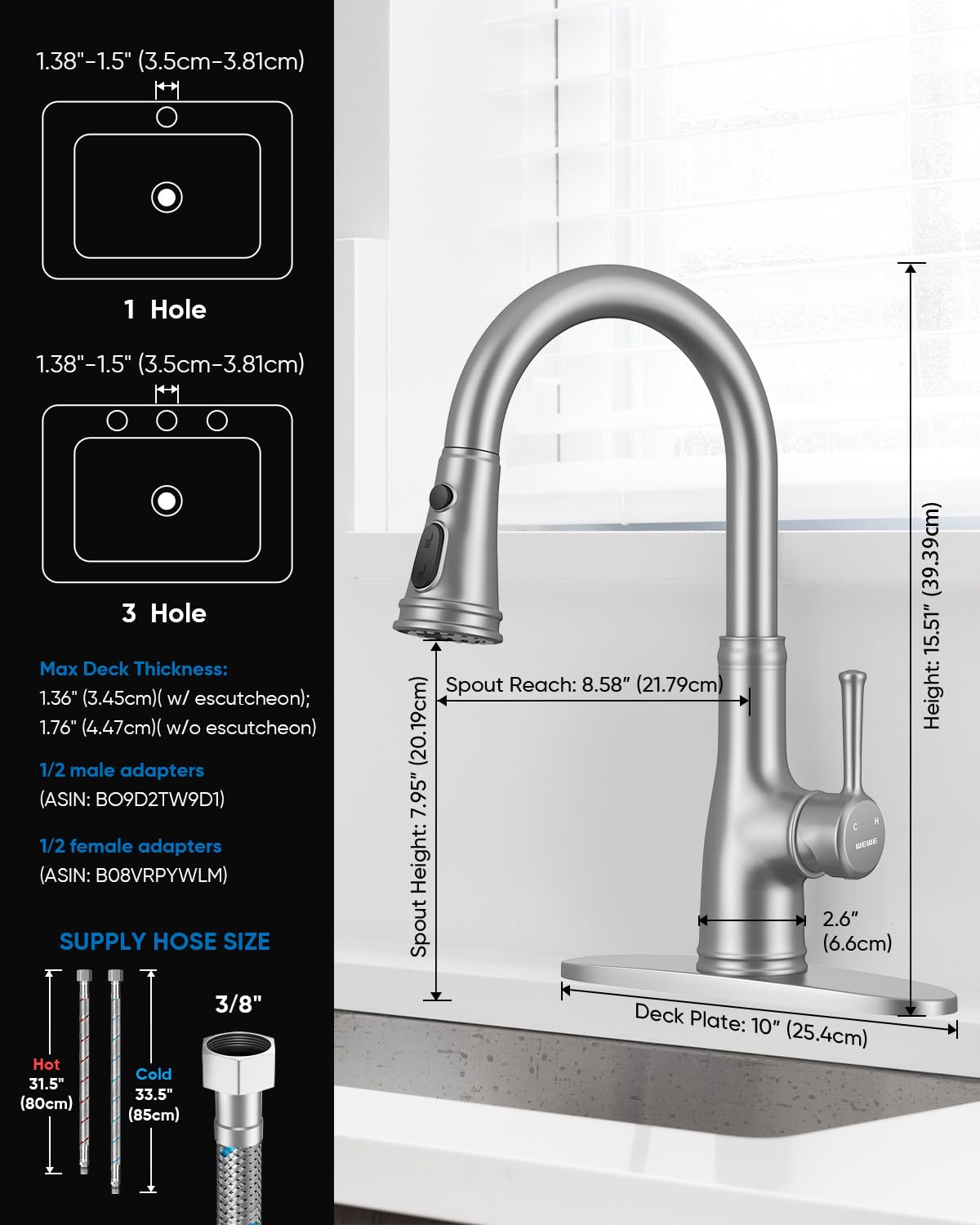 WEWE Vintage Kitchen Faucet with Pull-Down Sprayer – Stainless Steel, Brushed Nickel, 1 or 3 Hole