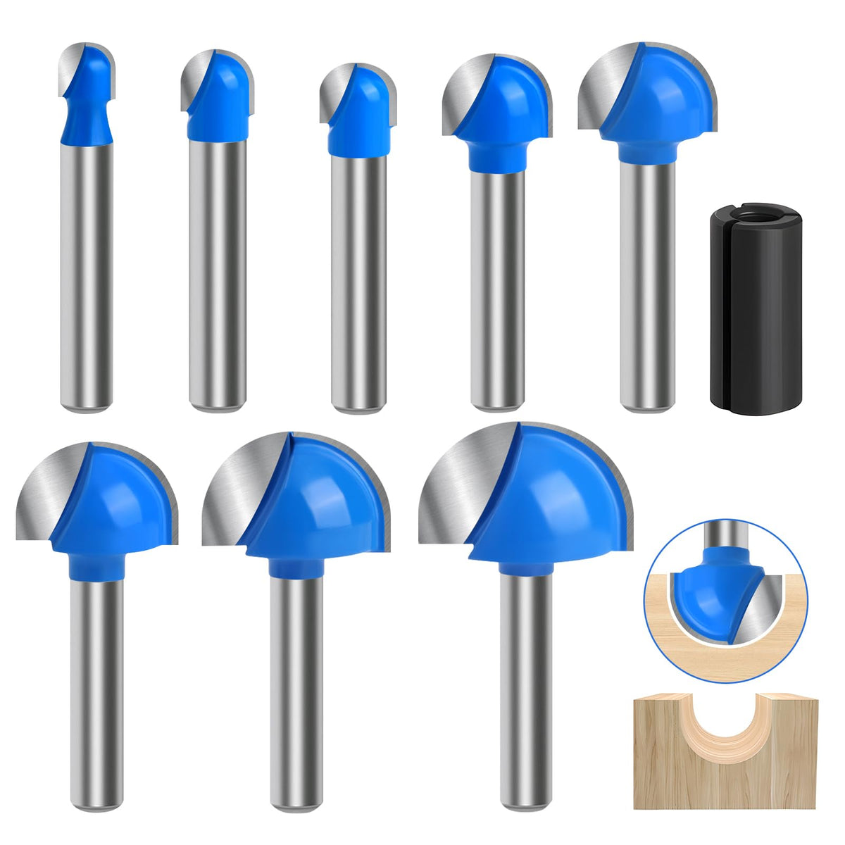 Wingsflee Core Box Router Bit Set (8 Pcs) - Solid Carbide 1/4in Shank, Round Nose Double Flute Bits for Grooves & Coves