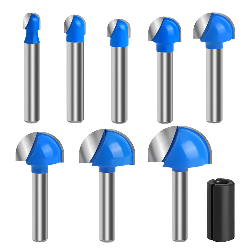 Wingsflee Core Box Router Bit Set (8 Pcs) - Solid Carbide 1/4in Shank, Round Nose Double Flute Bits for Grooves & Coves