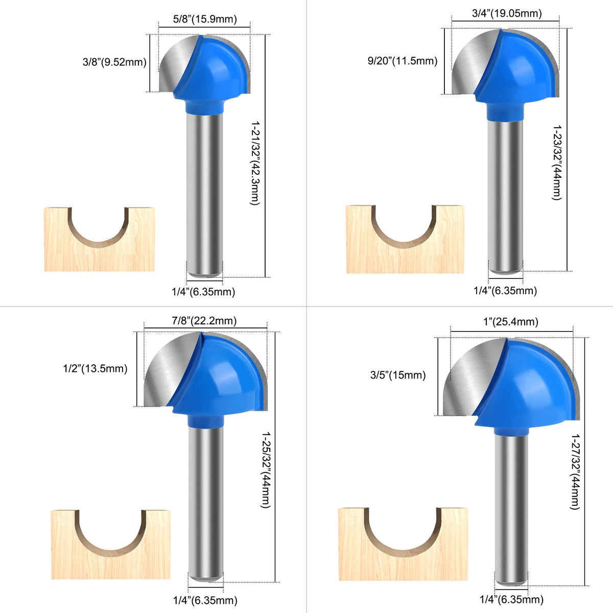 Wingsflee Core Box Router Bit Set (8 Pcs) - Solid Carbide 1/4in Shank, Round Nose Double Flute Bits for Grooves & Coves