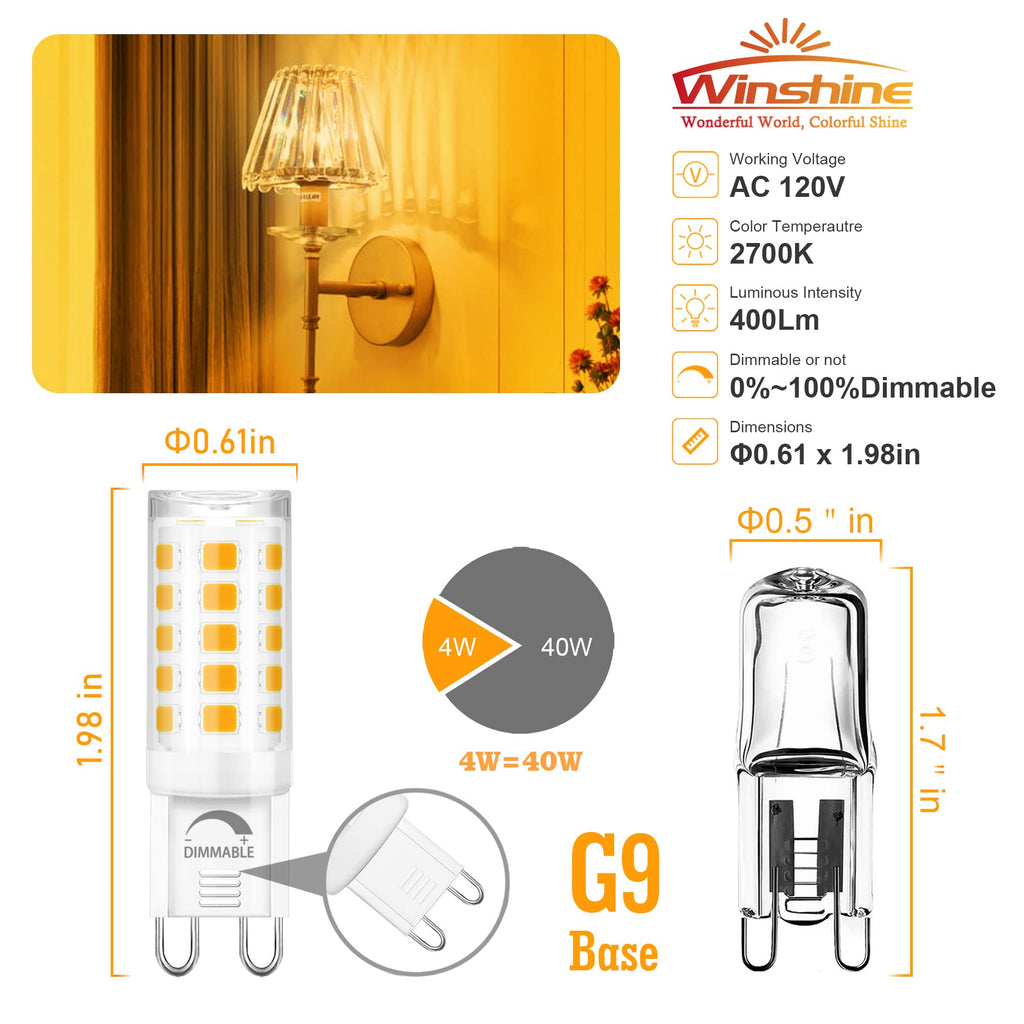 Winshine 10-Pack Dimmable G9 LED Bulbs 2700K Soft White | 4W, 400 lm, 360° Beam, CRI85+