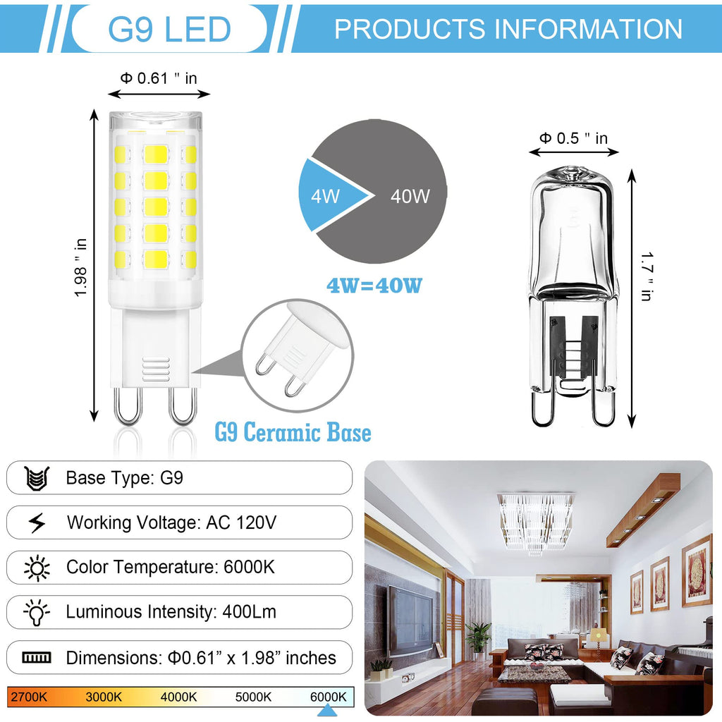 Winshine 10 Pack G9 LED Bulbs – 6000K Daylight, 4W (40W Halogen Equivalent), 360° Beam, 400LM, Non-Dimmable