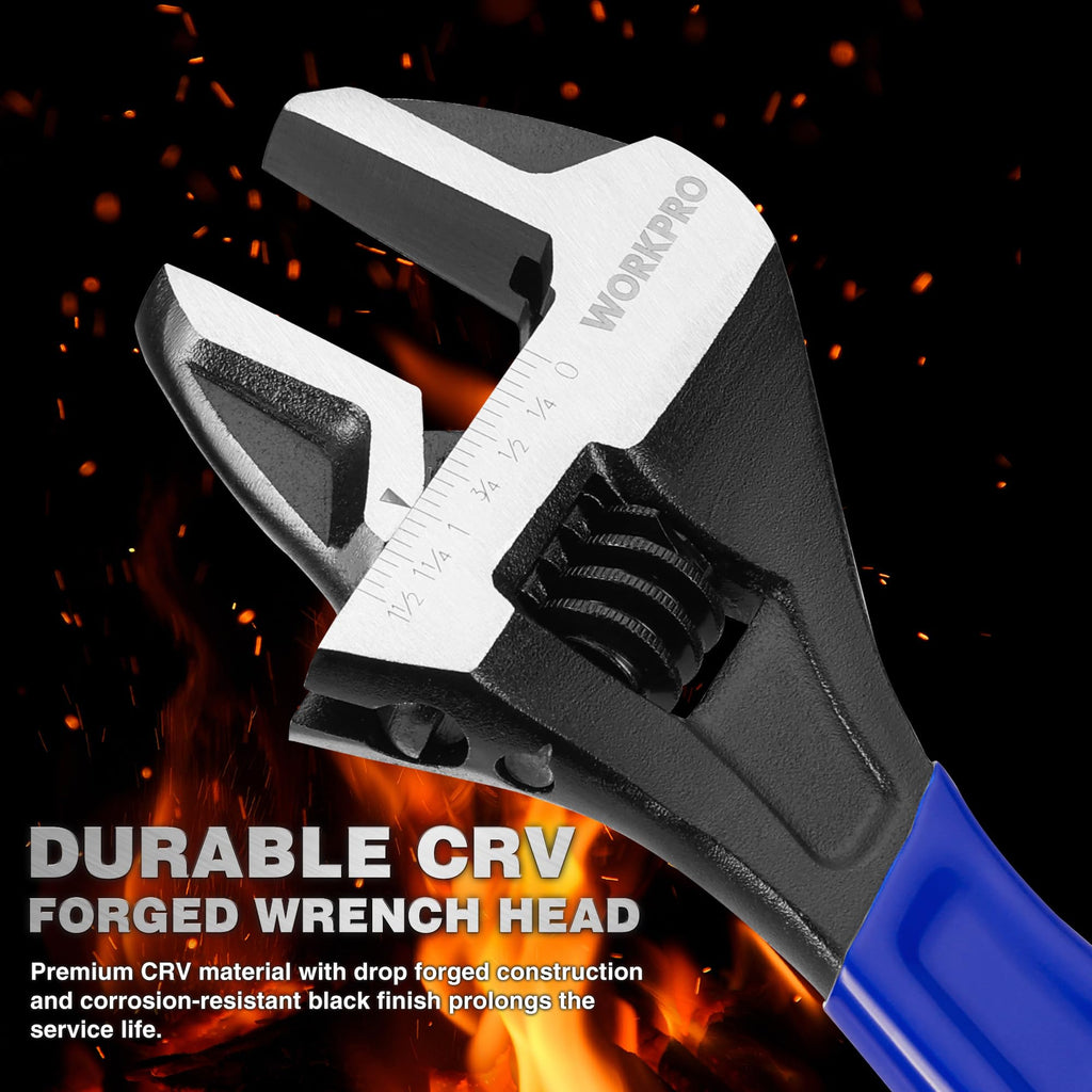 WORKPRO 12-Inch Adjustable Wrench — Wide Jaw, Black Oxide, Chrome Vanadium, Metric & SAE Scales