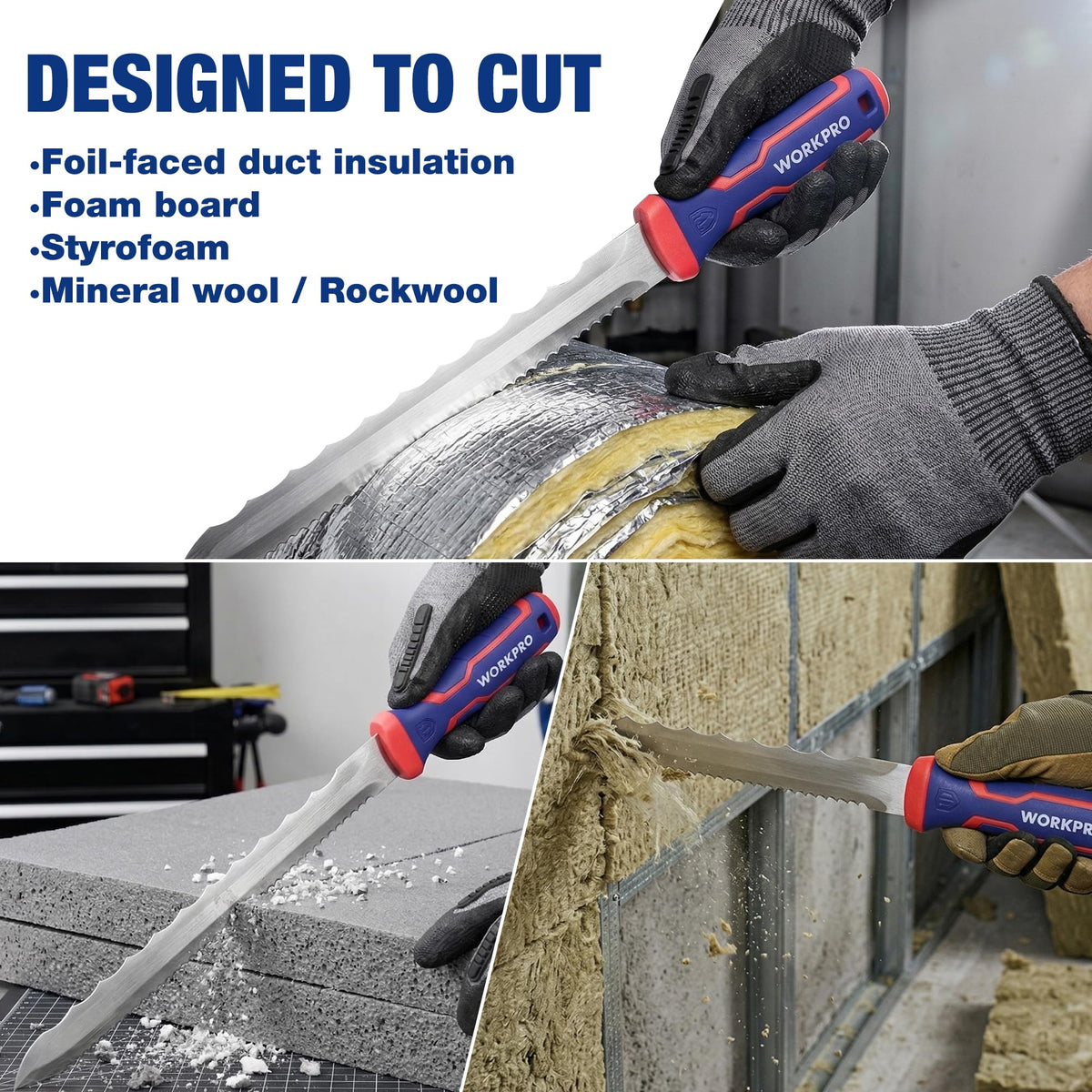 WORKPRO 11-Inch Insulation Knife - Stainless Steel Blade, Double-Sided Serrated Cutter