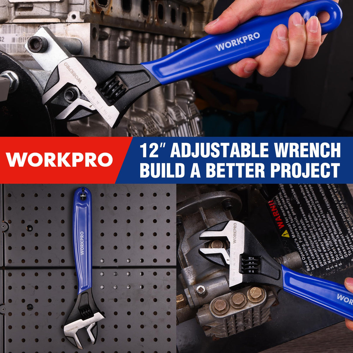 WORKPRO 12-Inch Adjustable Wrench — Wide Jaw, Black Oxide, Chrome Vanadium, Metric & SAE Scales