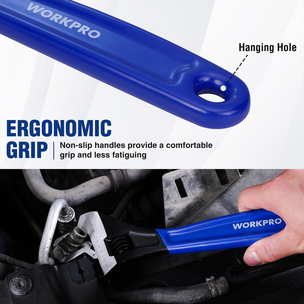 WORKPRO 12-Inch Adjustable Wrench — Wide Jaw, Black Oxide, Chrome Vanadium, Metric & SAE Scales