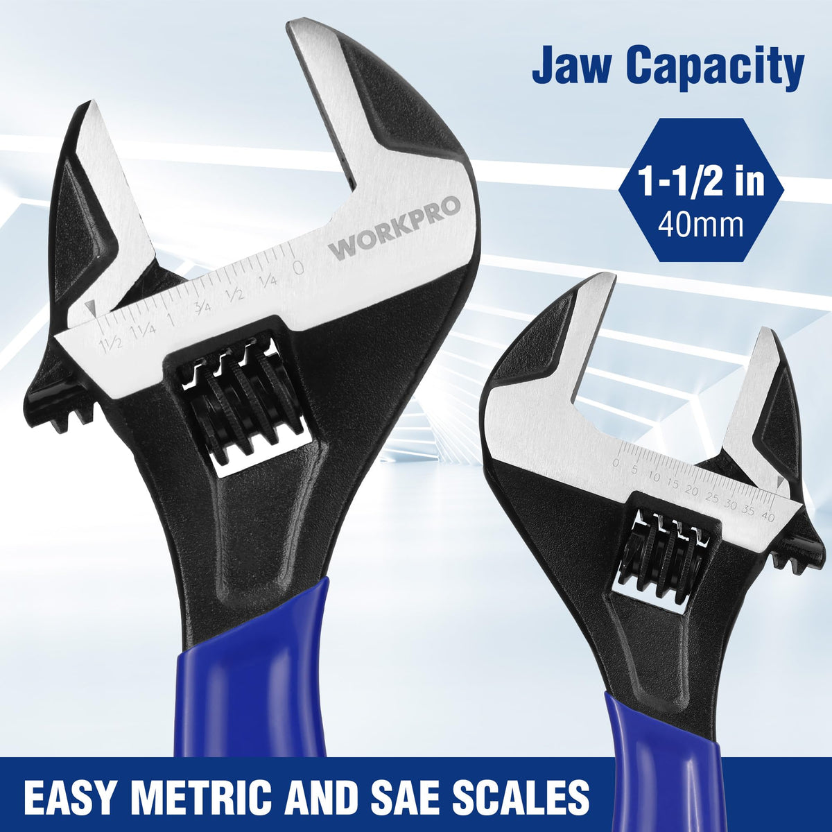 WORKPRO 12-Inch Adjustable Wrench — Wide Jaw, Black Oxide, Chrome Vanadium, Metric & SAE Scales
