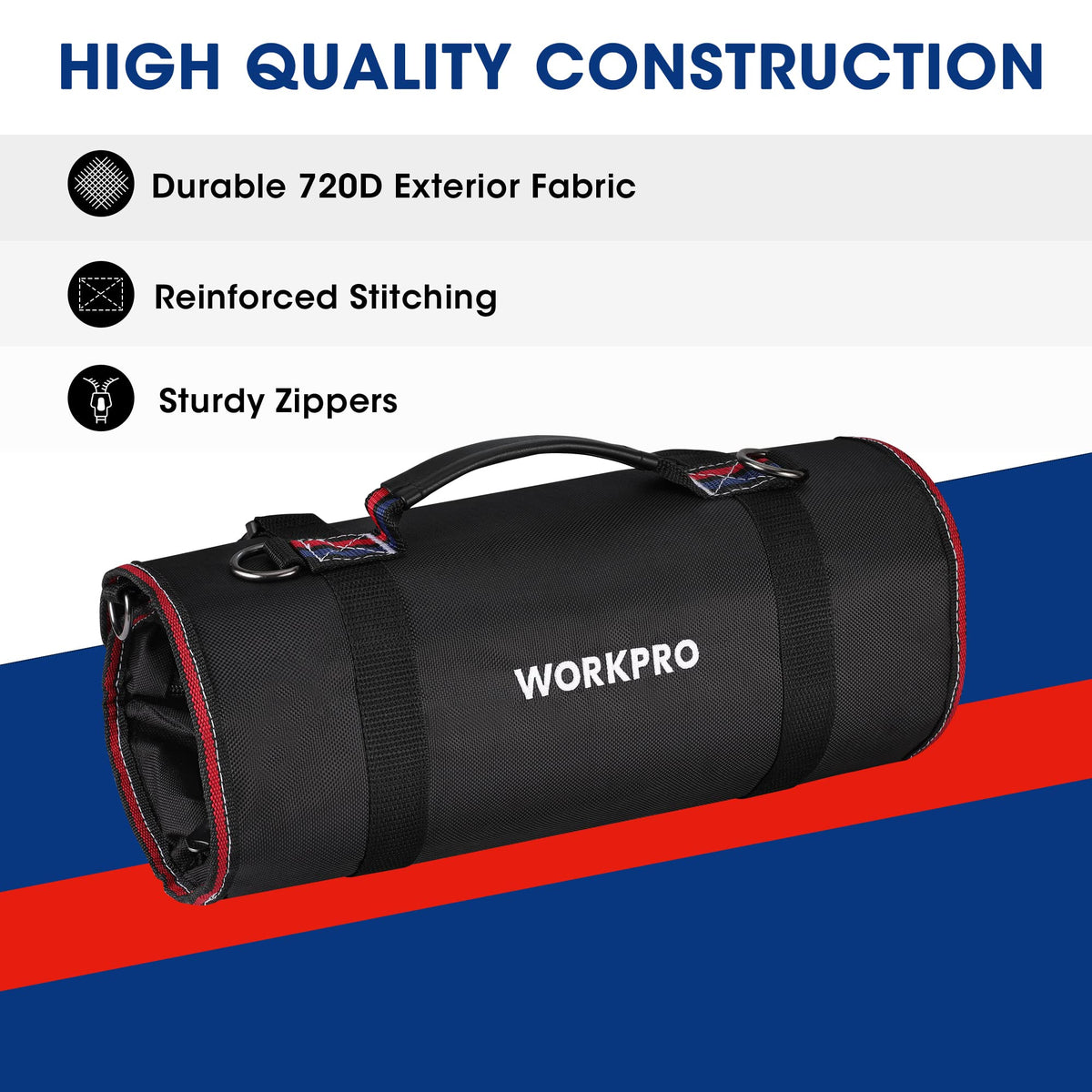 WORKPRO Roll Up Tool Bag – 4 Large Compartments, Detachable Pouches, Heavy Duty Tool Organizer