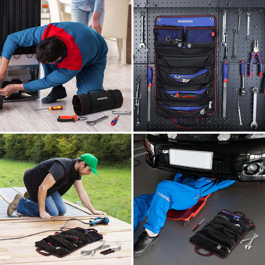 WORKPRO Roll Up Tool Bag – 4 Large Compartments, Detachable Pouches, Heavy Duty Tool Organizer