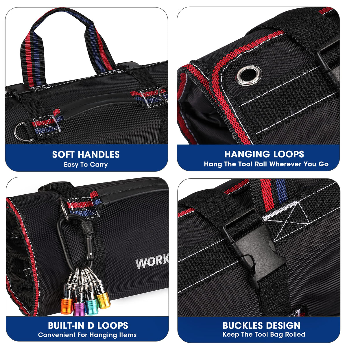 WORKPRO Roll Up Tool Bag – 4 Large Compartments, Detachable Pouches, Heavy Duty Tool Organizer