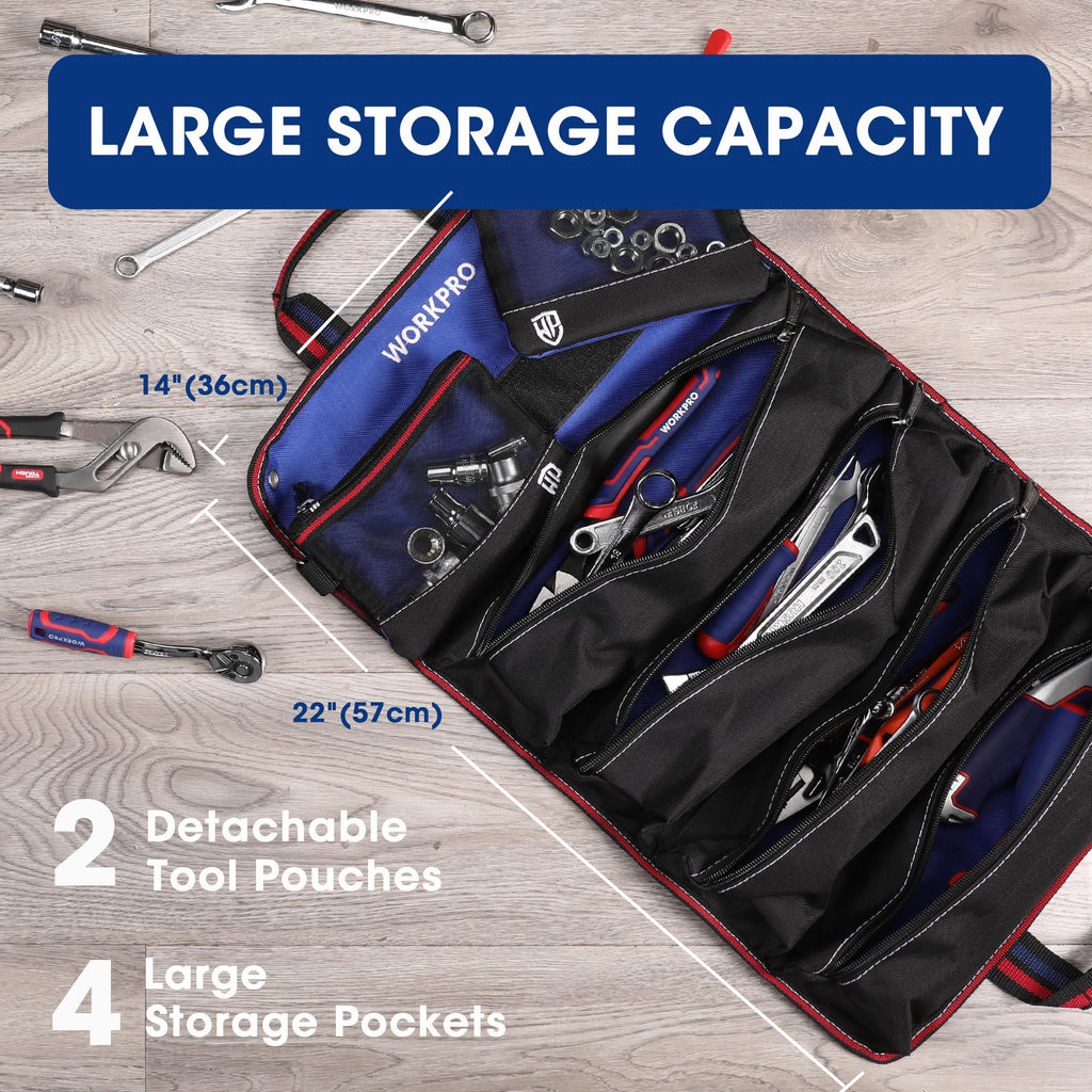 WORKPRO Roll Up Tool Bag – 4 Large Compartments, Detachable Pouches, Heavy Duty Tool Organizer