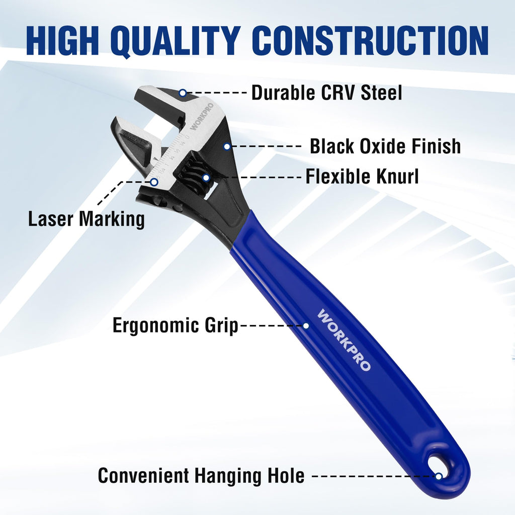 WORKPRO 12-Inch Adjustable Wrench — Wide Jaw, Black Oxide, Chrome Vanadium, Metric & SAE Scales