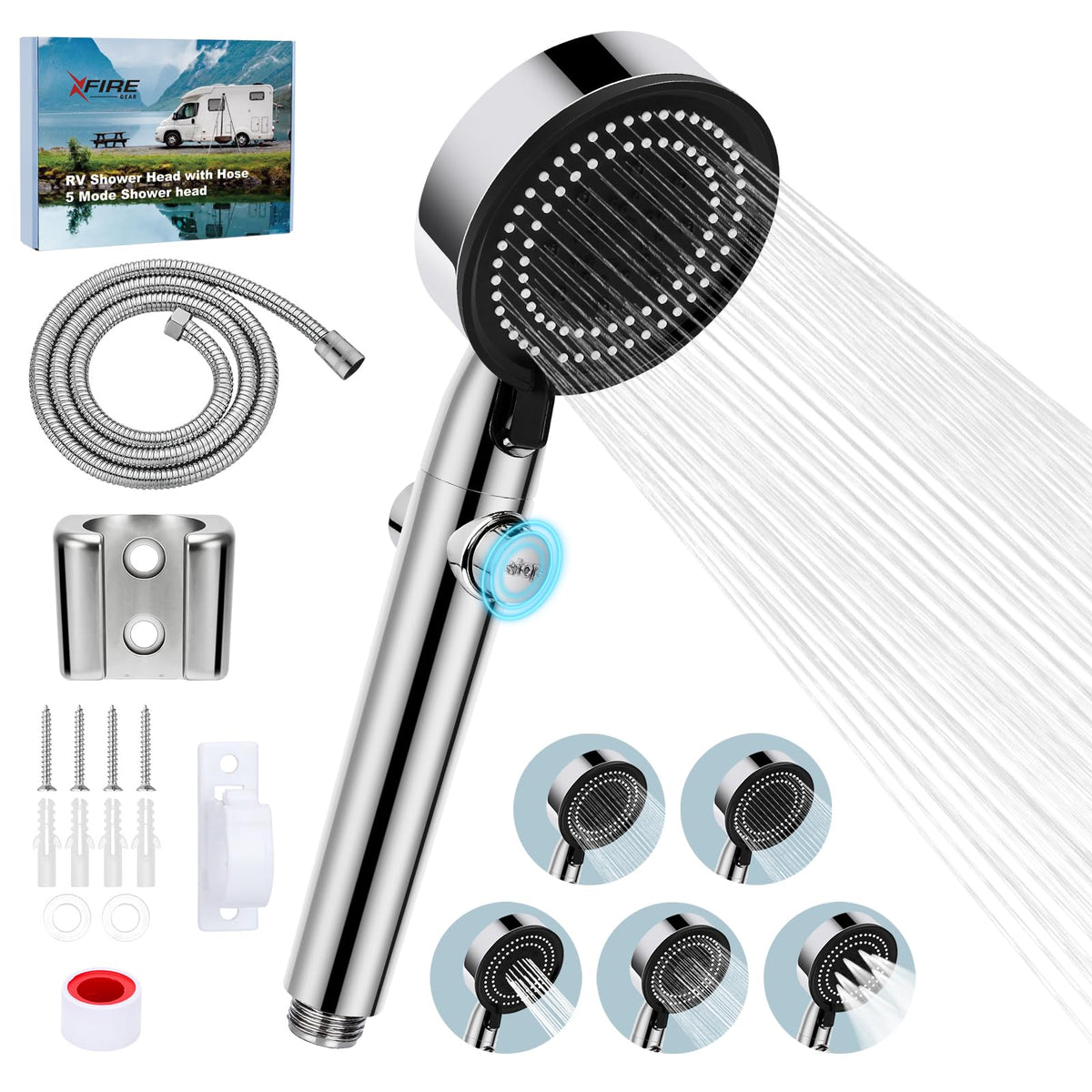 XFIRE-GEAR RV Shower Head with Hose – 5+1 Modes, On/Off, High Pressure, Water-Saving