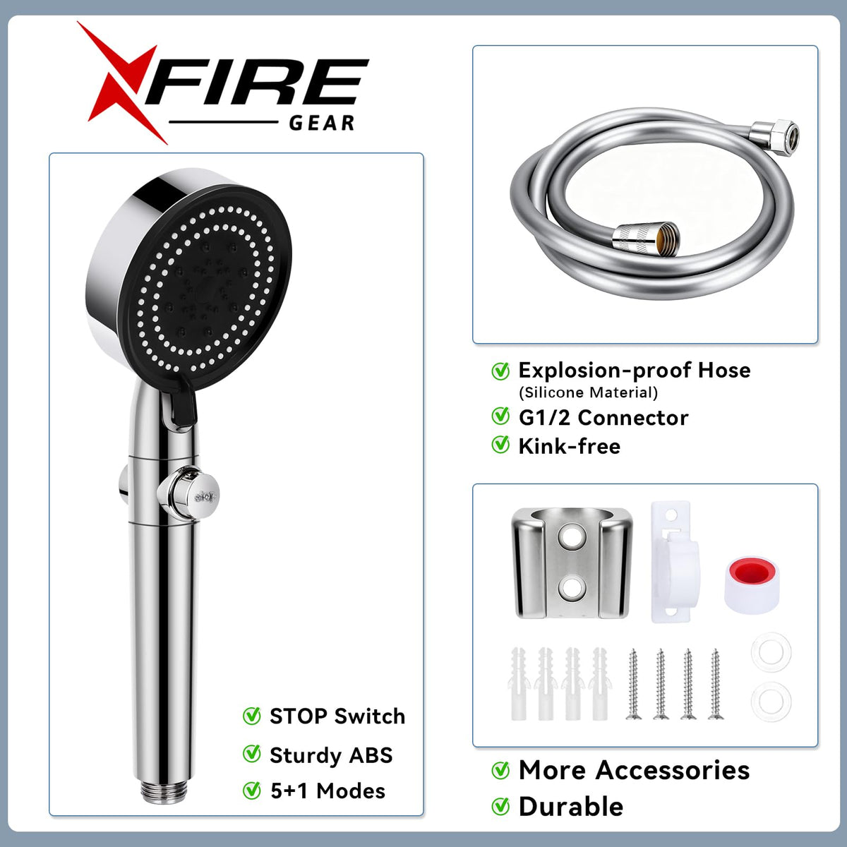 XFIRE-GEAR RV Shower Head with Hose – 5+1 Modes, On/Off, High Pressure, Water-Saving