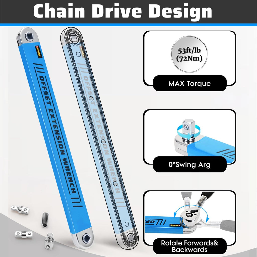 XKONE Offset Extension Wrench – Zero-Degree Swing for Tight Spaces | 3/8-inch Drive Extender Kit